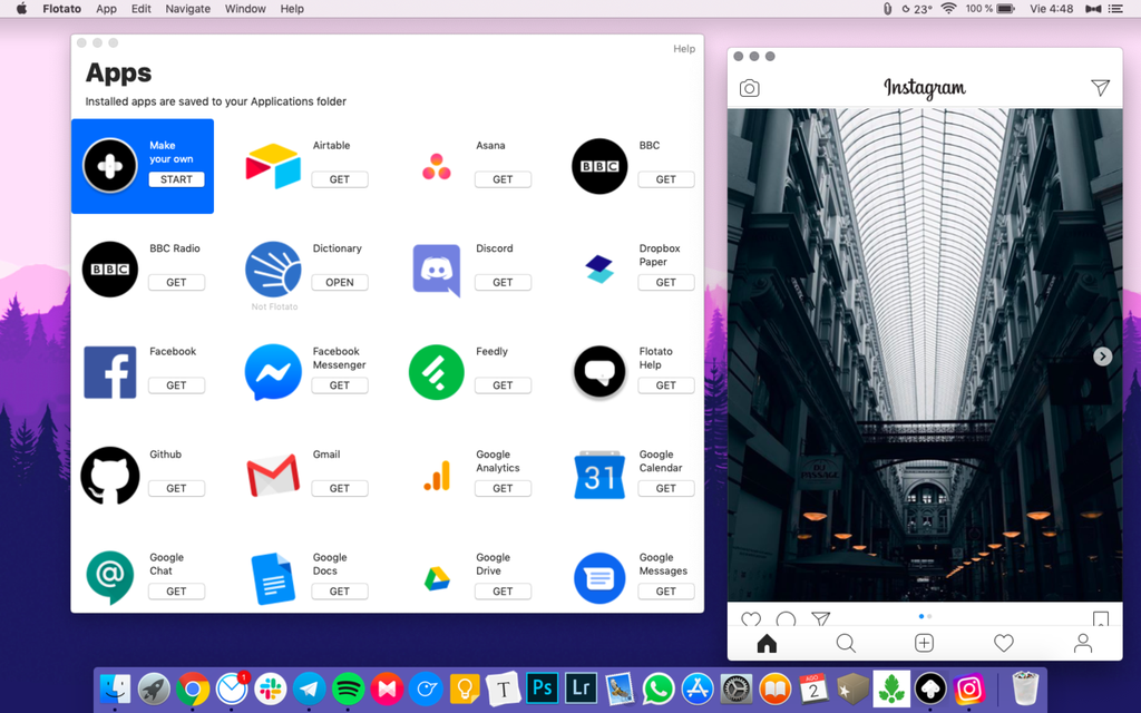 Lista de aplicativos Flotato e aplicativo Instagram para a área de trabalho do macOS (Foto: Genbeta)