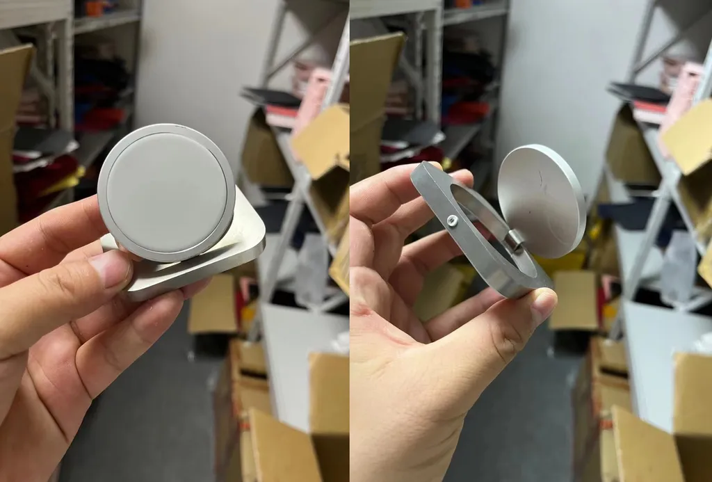 Carregador Apple Magic Charger em diferente estágio de desenvolvimento sem cabo integrado (Fotos: Reprodução/@DuanRui1205 no Twitter)