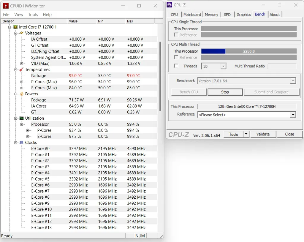 Teste de estresse do TUF Gaming F15 no CPU-Z (Imagem: Captura de tela/Maldditu Xavier/Canaltech)
