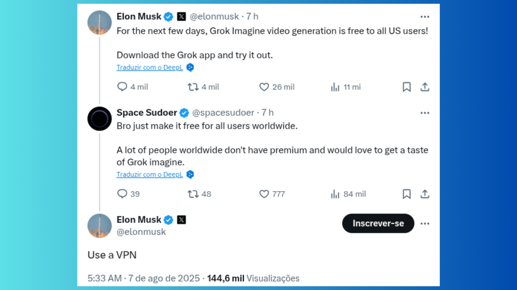 Musk sugere VPN para usar o Grok Imagine de graça fora dos EUA (Imagem: Reprodução/X)