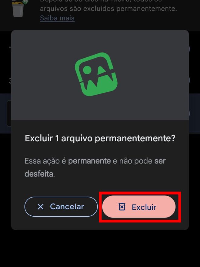 Na pop-up aberta, clique em "Excluir" para removê-los definitivamente do celular (Captura de tela: Matheus Bigogno)