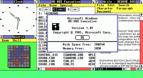 Janelas não podiam ser sobrepostas no Windows 1.0 (Imagem: Reprodução/Wikipédia)