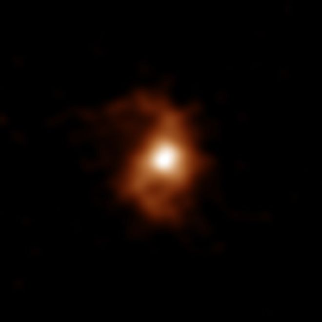 Emissão de íons de carbono da galáxia BRI 1335-0417 detestada pelo ALMA (Imagem: Reprodução/ALMA /T. Tsukui/S. Iguchi)