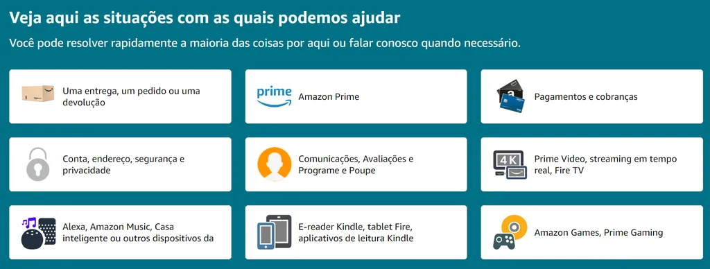 Opções de ajuda na página da Amazon (Imagem: Captura de Tela/Guilherme Haas/Canaltech)