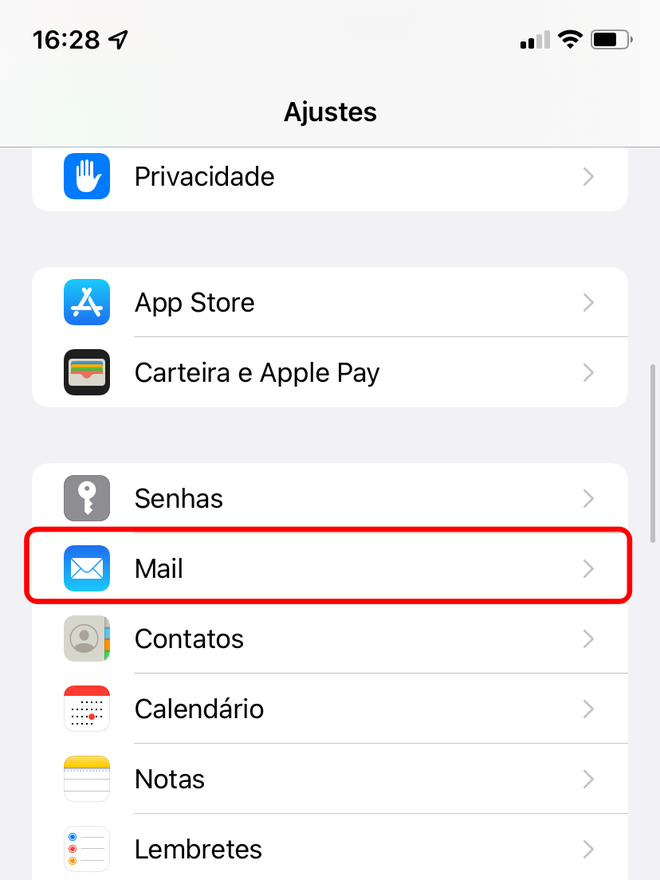 Acesse os ajustes de Mail no iOS - Captura de tela: Thiago Furquim (Canaltech)
