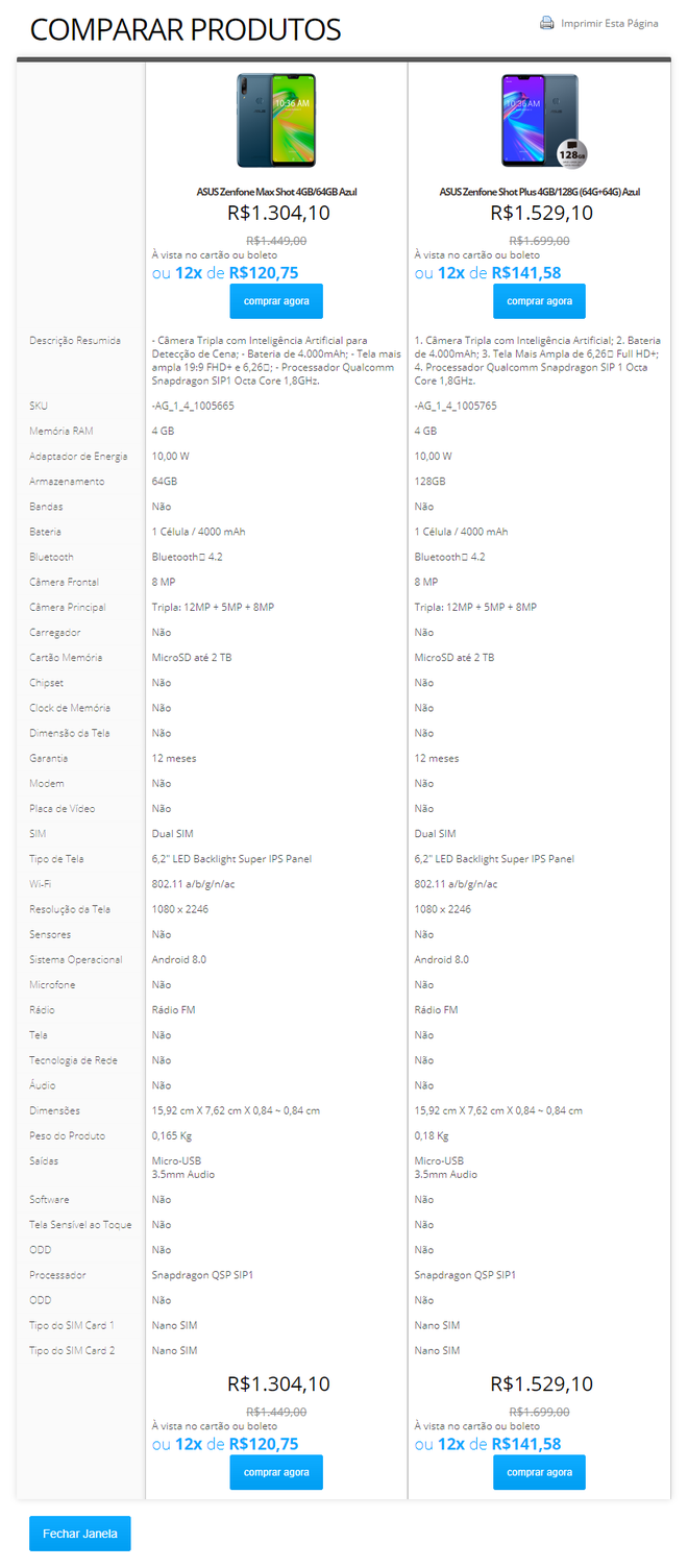 Únicas diferenças listadas estão na inclusão de um cartão de memória e o peso (imagem: Reprodução/Asus)