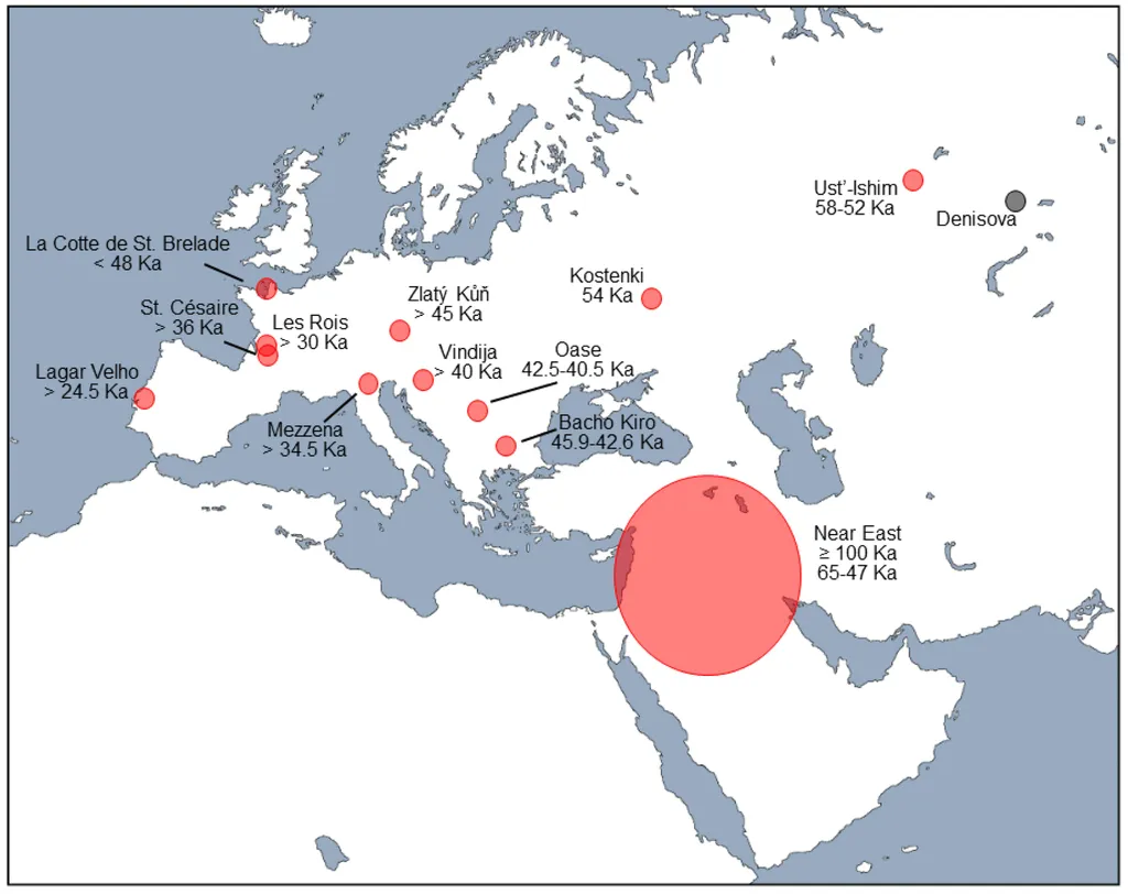 Áreas e datas estimadas de hibridização entre neandertais e humanos, com maior prevalência no Oriente Próximo, no círculo maior (Imagem: Churchill et al./Biology)
