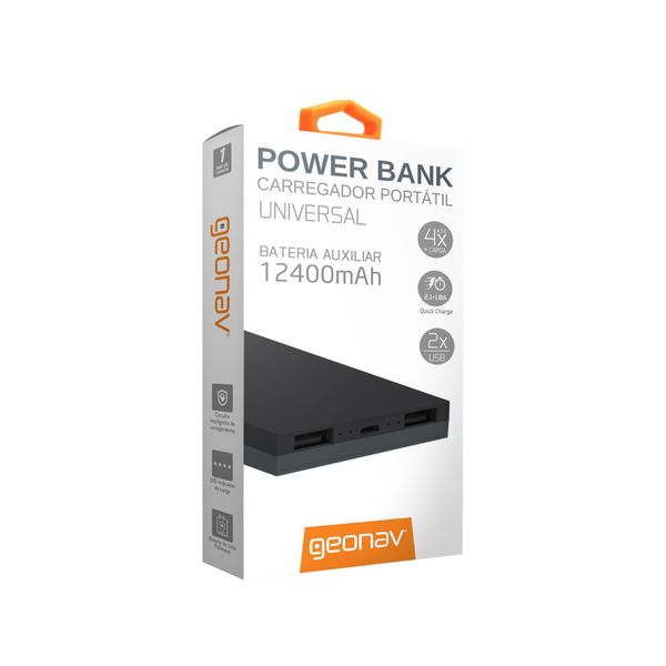 Carregador Portátil Universal12400mAh USB Geonav - Power Bank Cinza