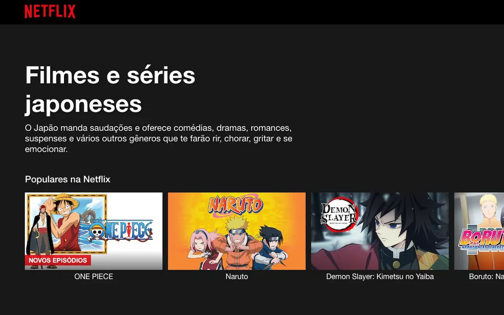 Netflix do Brasil tem produções japonesas, mas outras são restritas ao catálogo do Japão (Captura de tela: Caio Carvalho)