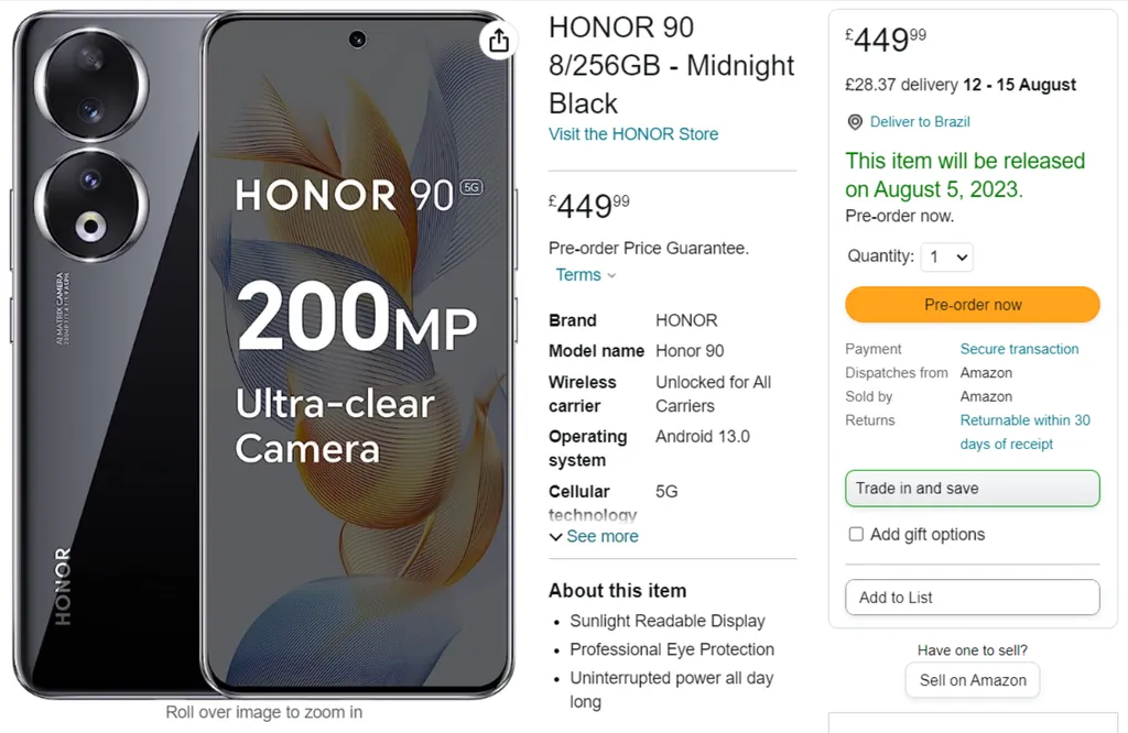 Honor 90 foi flagrado em página da Amazon UK (Imagem: Captura de tela/Amazon)