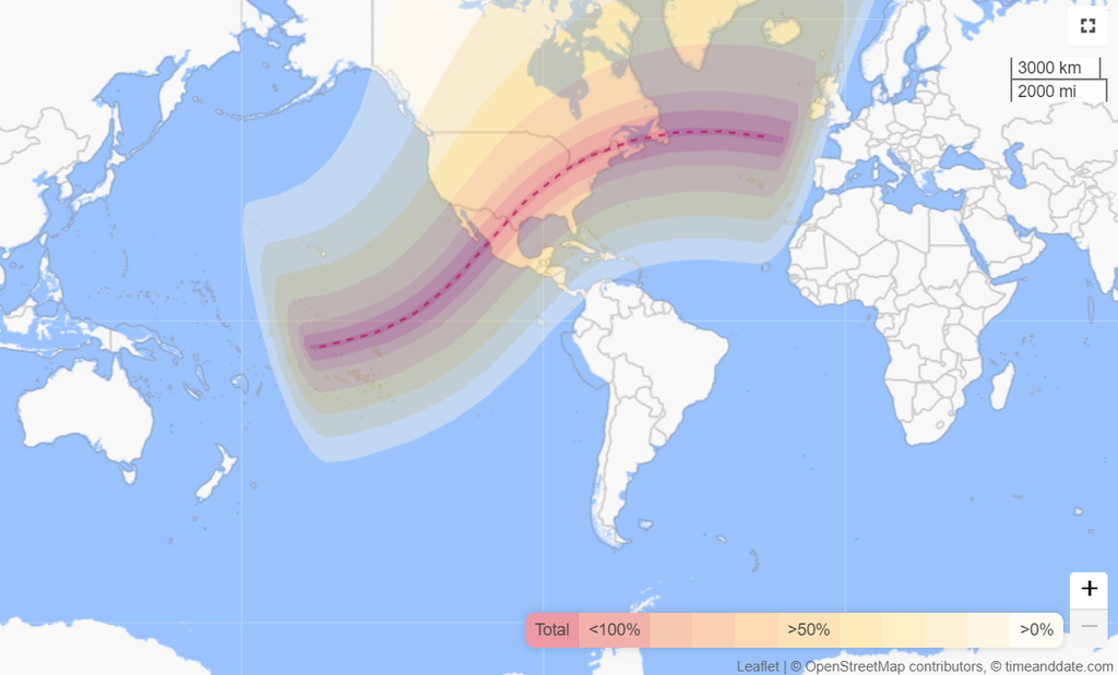 A área vermelha indica onde vai ser possível ver o eclipse solar total (Imagem: timeanddate.com)