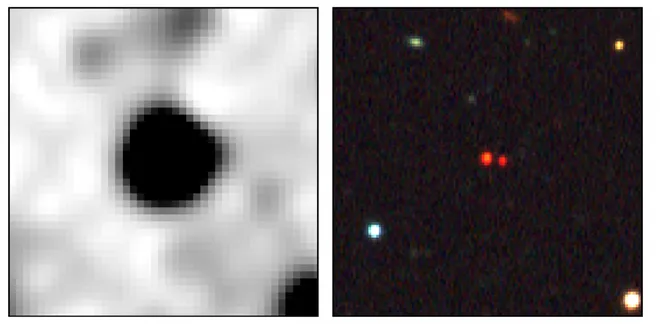 Na imagem da esquerda, com menor resolução, o par aparece como um único objeto; já na imagem da direita, produzida pelo Dark Energy Survey Collaboration, os dois objetos aparecem distintos (Imagem: Reprodução/WISE/DES/Softich et al)