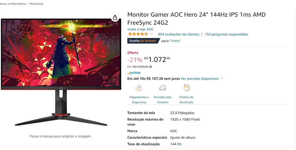 Monitor Gamer Aoc Hero 24 144hz Ips 1ms Amd Freesync 24g2 Canaltech Ofertas