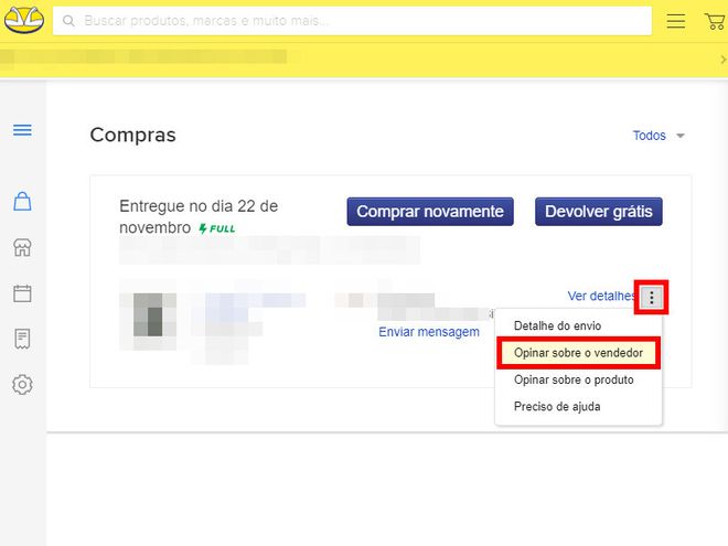 Clique no ícone de "Três pontos" e, em seguida, em "Opinar sobre vendedor" (Captura de tela: Matheus Bigogno)