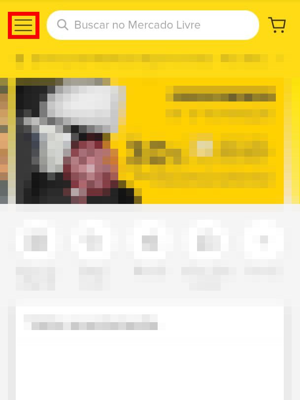 Abra o app do Mercado Livre e clique no ícone de "Três linhas" no canto superior esquerdo (Captura de tela: Matheus Bigogno)