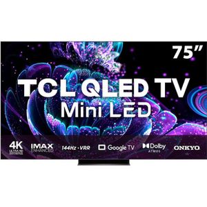 Smart TV QLED 75" 4K TCL 75C835 Google TV, 144 Hz-VRR, Dolby Vision IQ +Atmos, Audio Onkyo, WiFi 6 Dual Band e Bluetooth Integrados
