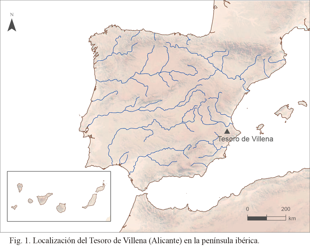 A localização do Tesouro de Villena na Espanha, que, agora, tem parte de seu acervo advindo de metal extraterrestre (Imagem: Rovira-Llorens et al/Trabajos de Prehistoria)