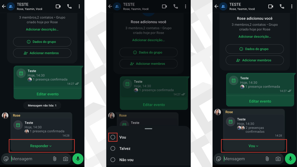 Passos para confirmar presença em evento no grupo do WhatsApp