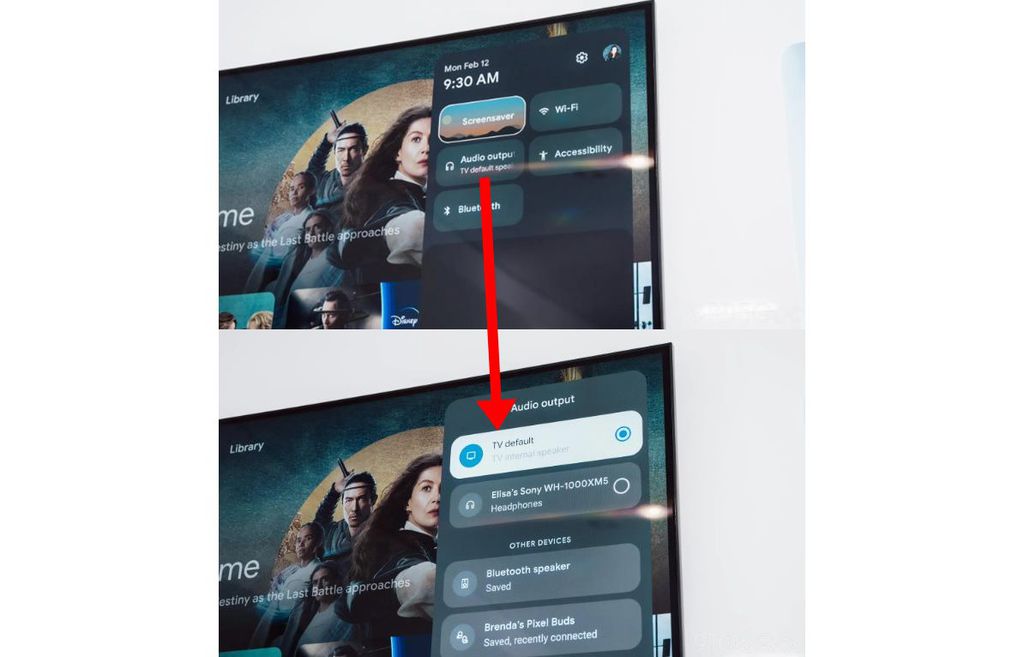 Opção de dispositivo de áudio aparece em painel lateral de configurações rápidas do Google TV, facilitando a troca entre alto falantes, fones de ouvido e outros (Imagem: Reprodução/9to5Google)