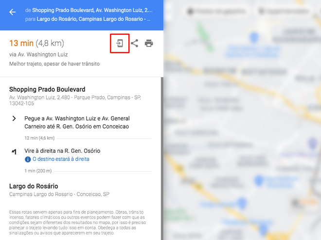 Compartilhe o trajeto do Google Maps no computador para o celular (Captura de tela: André Magalhães/Canaltech)
