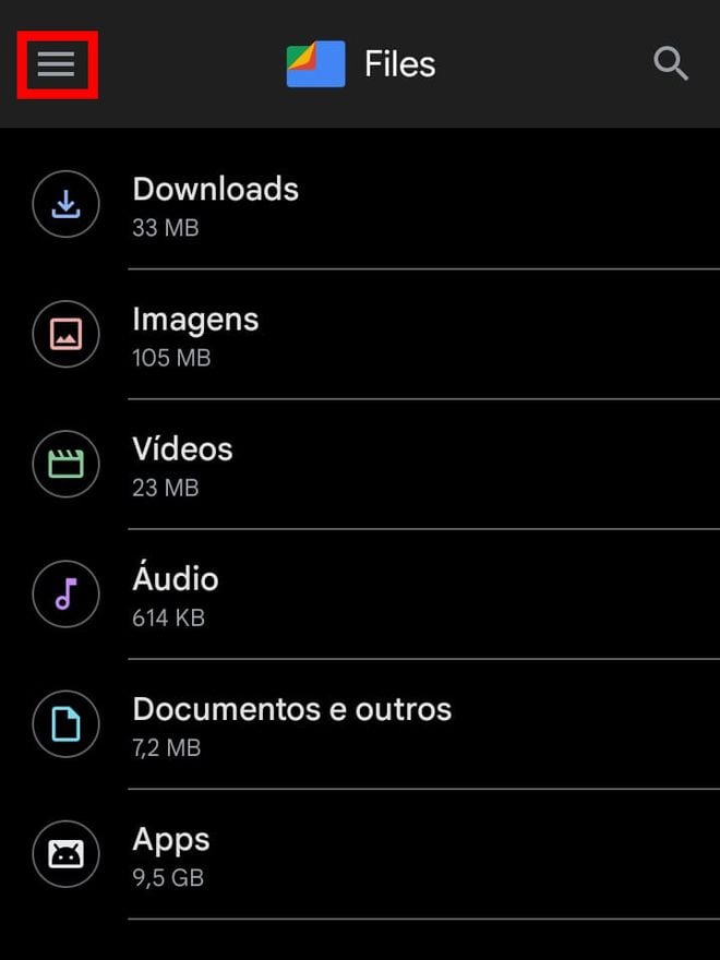 Para acessar a lixeira do Goole Files, toque nas "Três linhas" (Captura de tela: Matheus Bigogno)