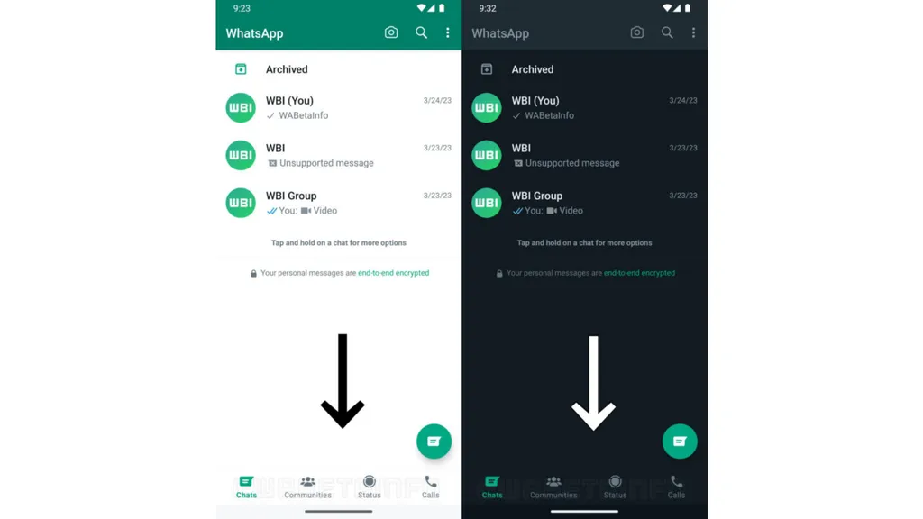 O WhatsApp para Android pode ter a interface modificada para ficar mais parecida com o app para iOS (Imagem: Reprodução/WABetaInfo)
