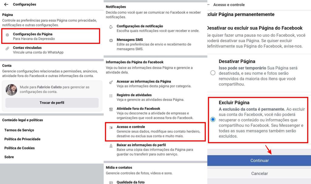 O Facebook Lite também permite excluir uma página (Imagem: Captura de tela/Fabricio Calixto/Canaltech)