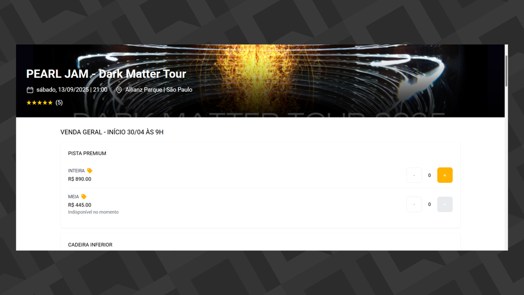 Captura de site falso que simula a Eventim