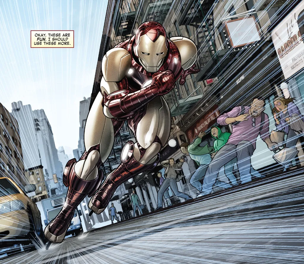 Cena de Iron Man nº 20 da Marvel, como o Homem de Ferro dando rolê de patins (Imagem: Reprodução/Marvel)