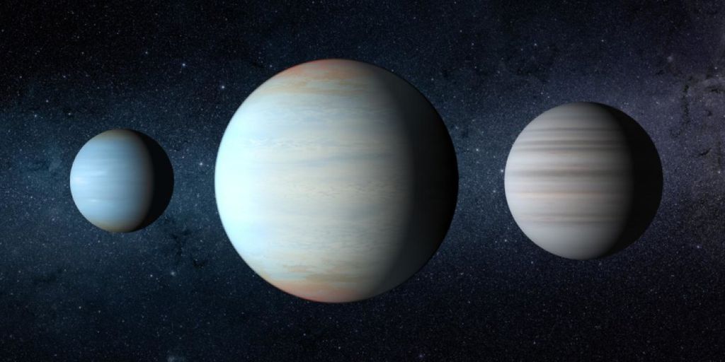 Concepção artística de como devem ser os Kepler-47b, c e d (Imagem: NASA)