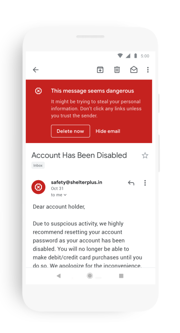 Com a nova atualização, o app do Gmail também irá indicar e-mails de phishing (Imagem: Google)