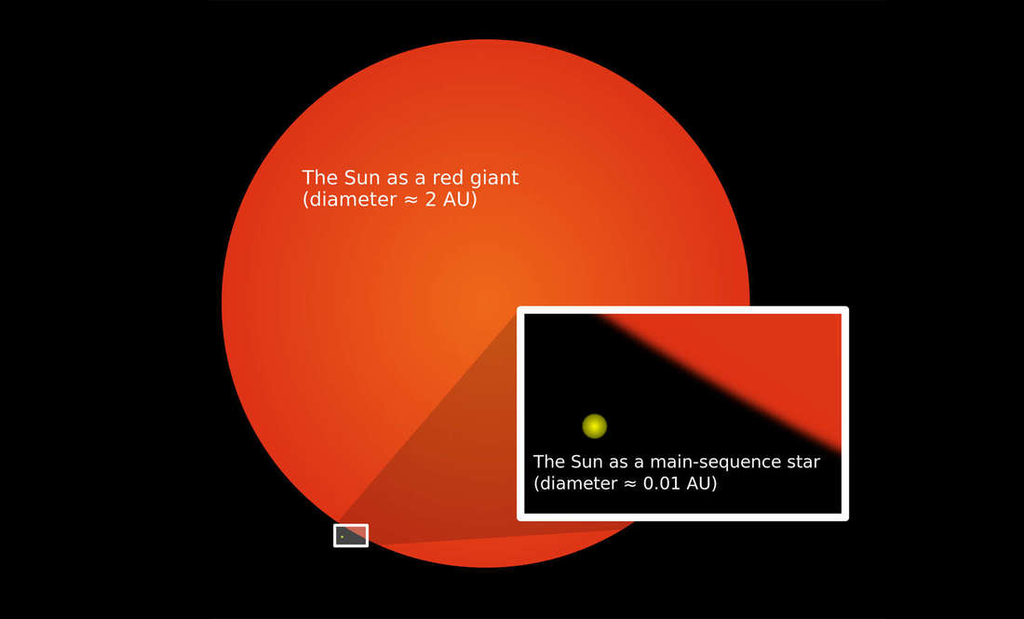 Comparação entre o tamanho do Sol e seu diâmetro no futuro, quando se tornar uma gigante vermelha (Imagem: Reprodução/Oona Räisänen)