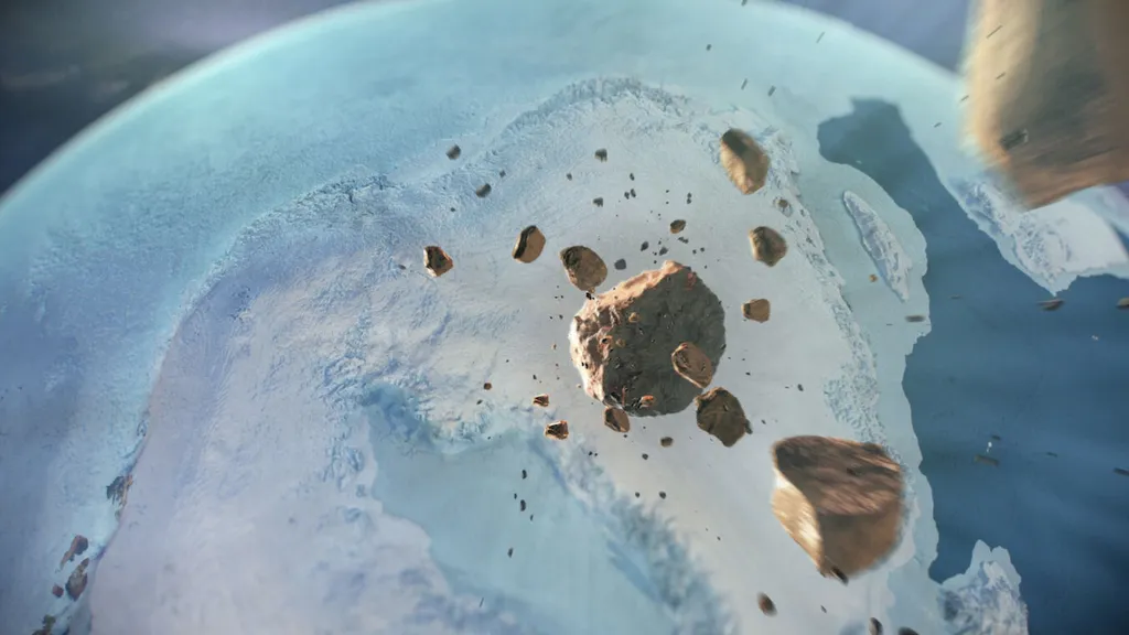 Representação do asteroide responsável pela cratera de Hiawatha se rompendo na atmosfera, antes de atingir a Terra (Imagem: Reprodução/Natural History Museum of Denmark, Cryospheric Sciences Lab, NASA Goddard Space Flight Center)