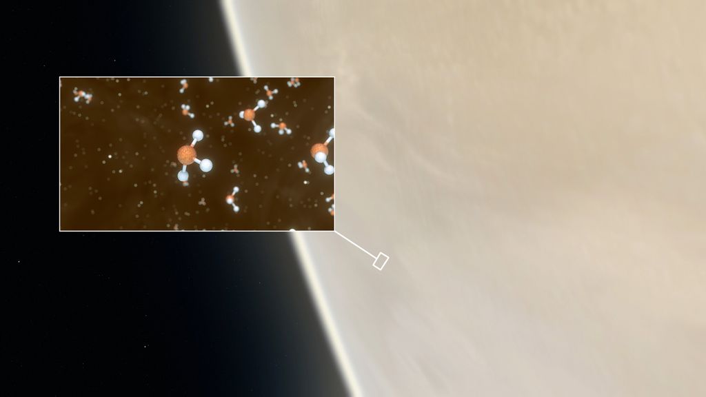A detecção de uma molécula que parecia fosfina na atmosfera de Vênus (Imagem: Reprodução/ESO/M. Kornmesser/L. Calçada/NASA JPL/Caltech)