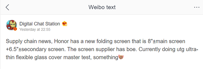 Segundo Digital Chat Station, a BOE está preparando uma tela de 8 polegadas com UTG para o aguardado Magic Fold (Imagem: Reprodução/Digital Chat Station)