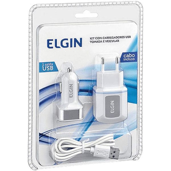 Kit Carregador USB de Tomada Bivolt Carregador Veicular 1 Saída 1A, 5W e Cabo MicroUSB de 1 Metro Elgin
