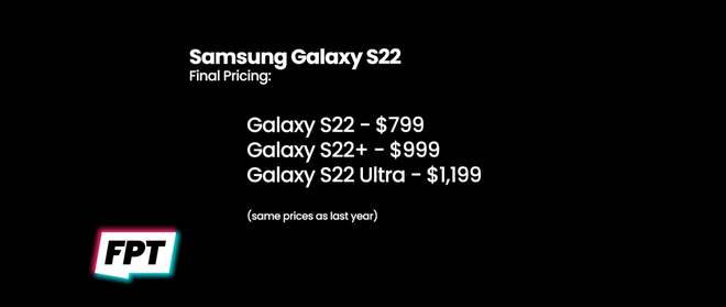 Supostos preços da linha Galaxy S22 nos EUA (Imagem: Reprodução/Front Page Tech)