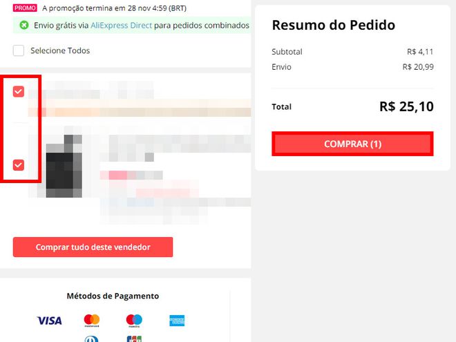 Selecione os produtos que você quer comprar e clique em "Comprar" (Captura de tela: Matheus Bigogno)