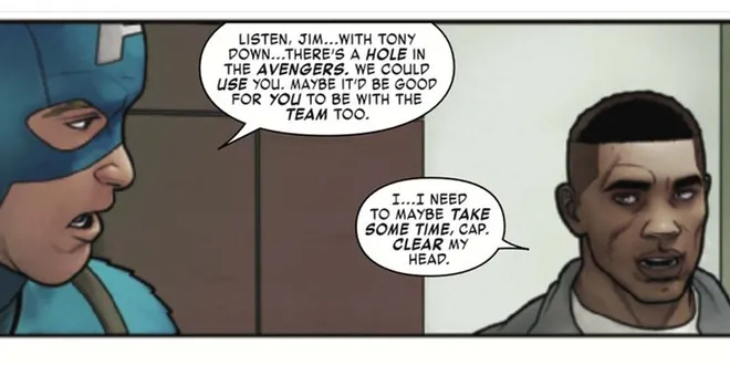 Capitão América chama Rhodey para integrar os Vingadores (Imagem: Reprodução/Marvel Comics)