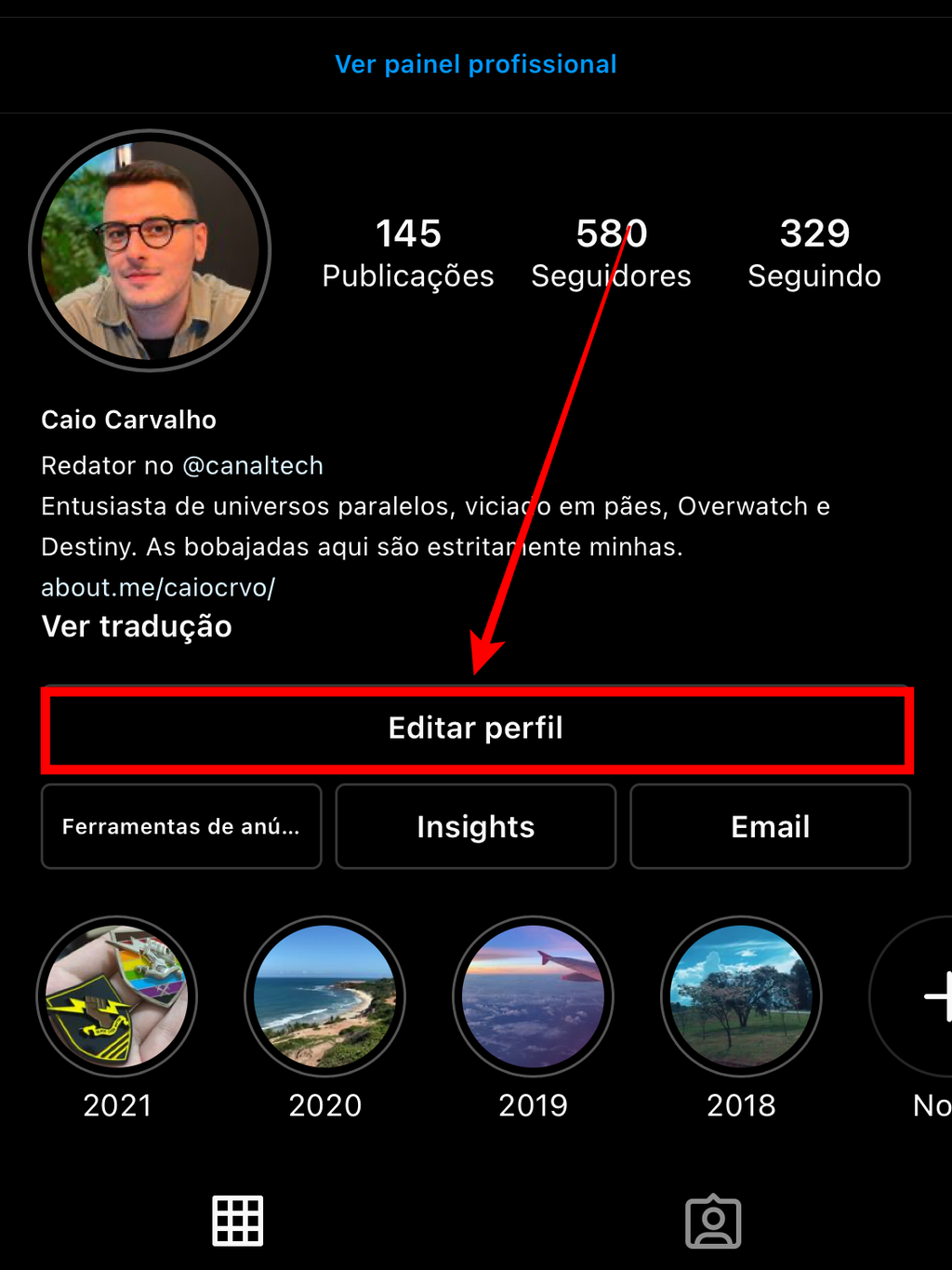 Certifique-se que você tenha mudado para a versão profissional do seu perfil no Instagram (Captura de tela: Caio Carvalho/Canaltech)