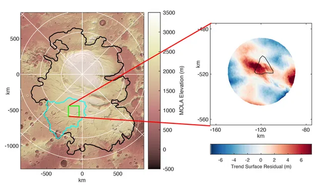 À esquerda, a topografia do polo sul de Marte; à direita, estão as ondulações na superfície do gelo, identificadas pela equipe (Imagem: Reprodução/University of Cambridge)