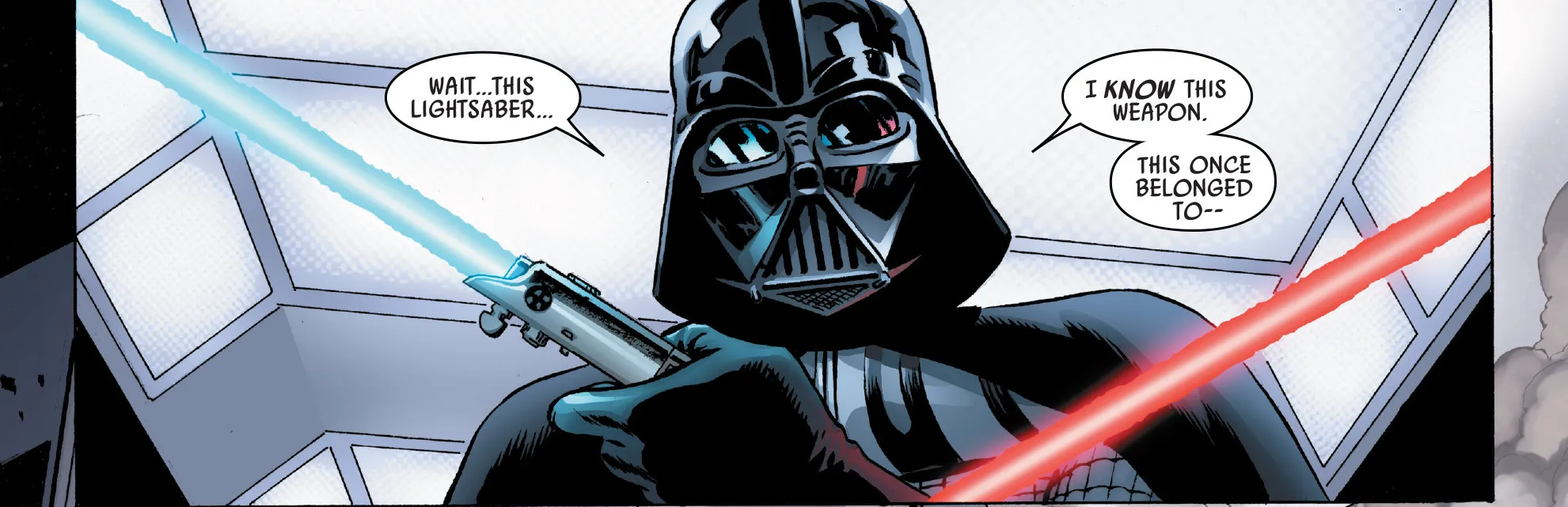 Durante a luta, Vader toma o sabre de Luke e o reconhece como sendo a sua antiga arma (imagem: Reprodução/Marvel Comics)