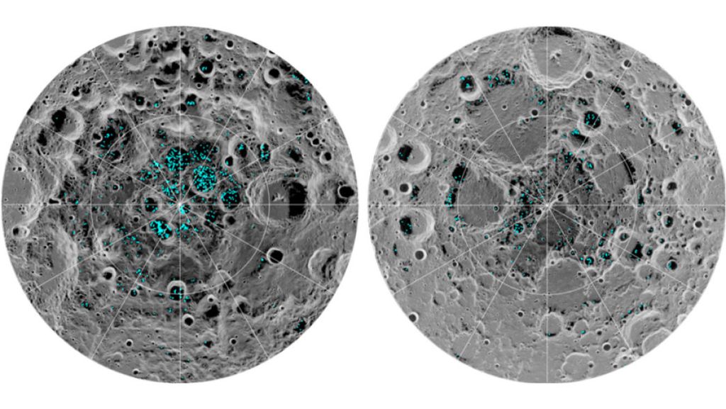 Água em regiões próximas aos pólos lunares. À esquerda o pólo sul e à direita, o norte (Imagem: Reprodução/NASA)