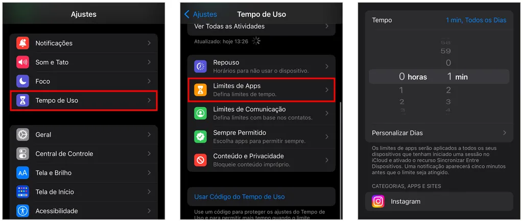 iPhone tem o recurso "Tempo de Uso" para colocar senha no Instagram e proteger o app (Captura de tela: Caio Carvalho)