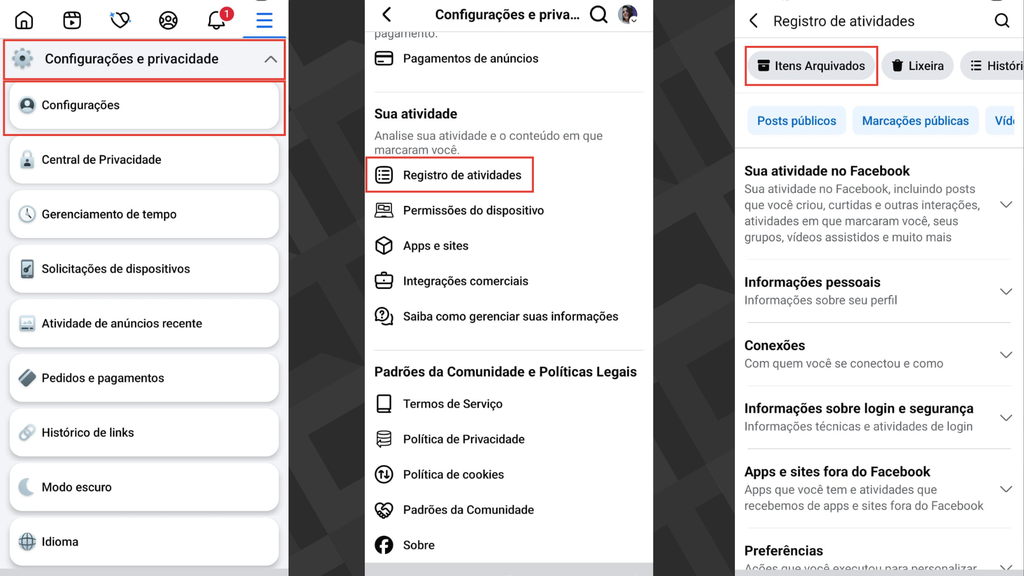 Passos para acessar itens arquivados no Facebook