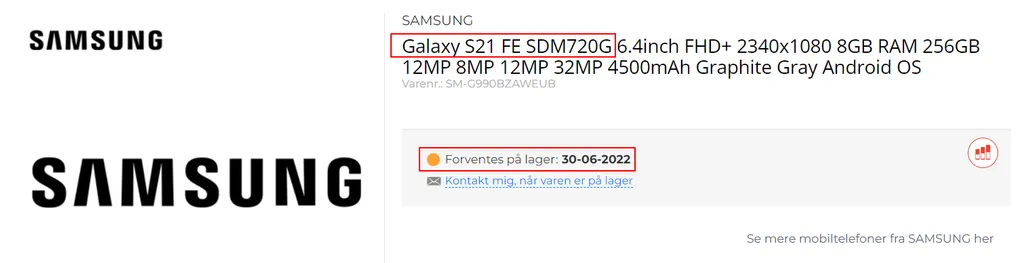 Novo galaxy S21 FE com 4G é listado também em lojas escandinavas (Imagem: Reprodução/GalaxyClub)