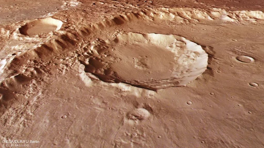 Perspectiva da cratera gerada a partir de um modelo digital e dados da Mars Express (Imagem: Reprodução/ESA/DLR/FU Berlin)