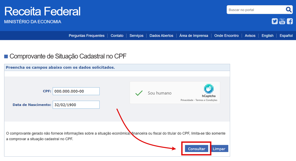 Página de consulta da situação cadastral do CPF no site da Receita Federal (Imagem: Captura de tela/Guilherme Haas/Canaltech)