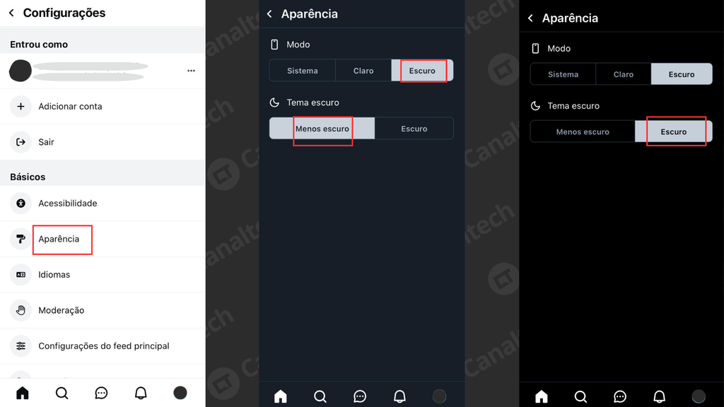 Capturas de telas do Bluesky nas configurações de aparência (Imagem: Captura de tela/Emanuele Almeida/Canaltech)