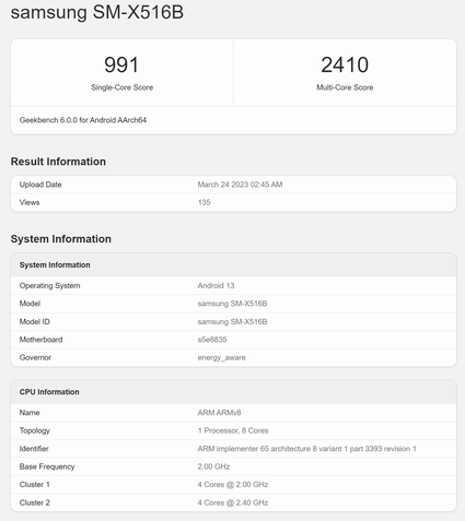 Samsung Galaxy Tab S9 FE/Lite Geekbench Vazamento 1